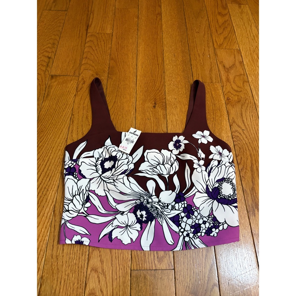 Express Conscious Edit Floral Square Neck Crop Top Burgundy Purple XS NWT